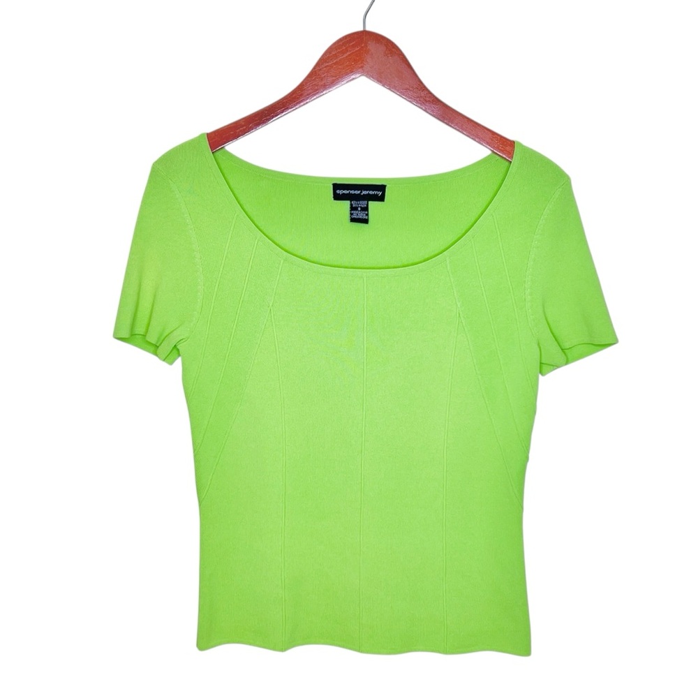Vtg Y2K Spencer Jeremy Ribbed Knit Tee Shirt Sz S Lime Green Fitted Short Sleeve